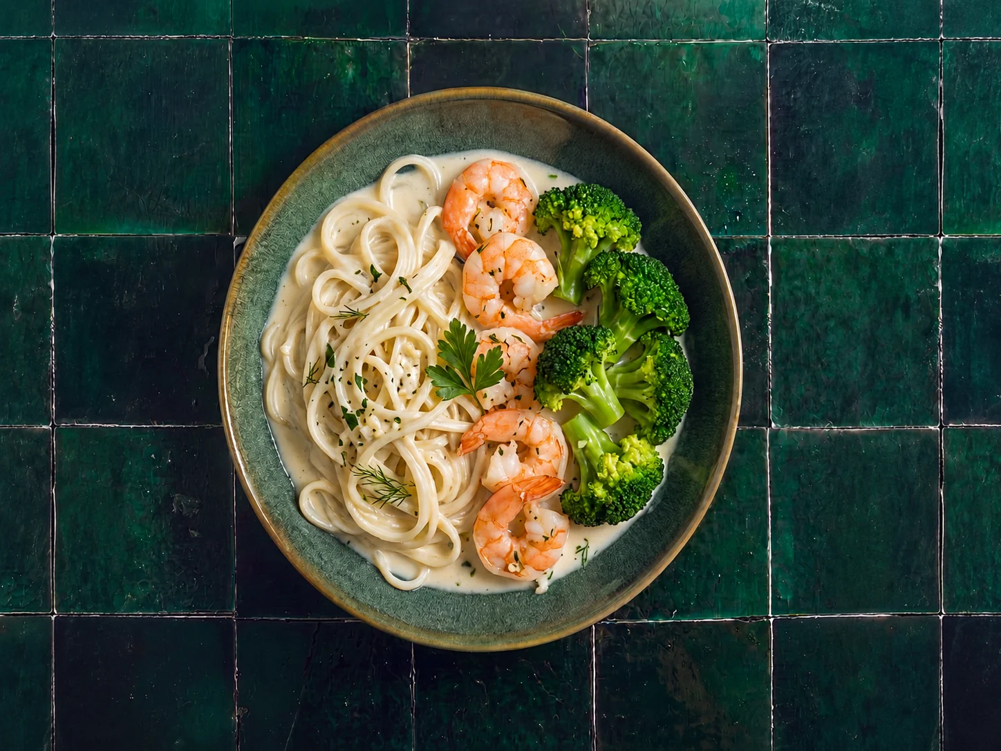 Garnalen in witte romige saus met broccoli en noodles in witte saus