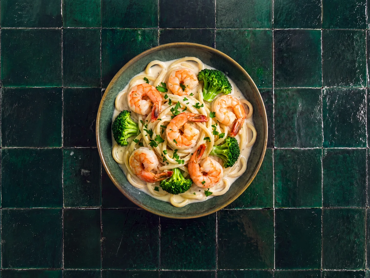 Garnalen in witte romige saus met broccoli en noodles in witte saus