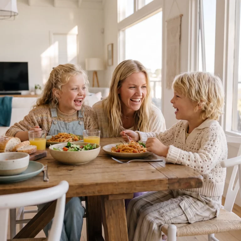 Moeder en twee kinderen lachen samen aan de eettafel